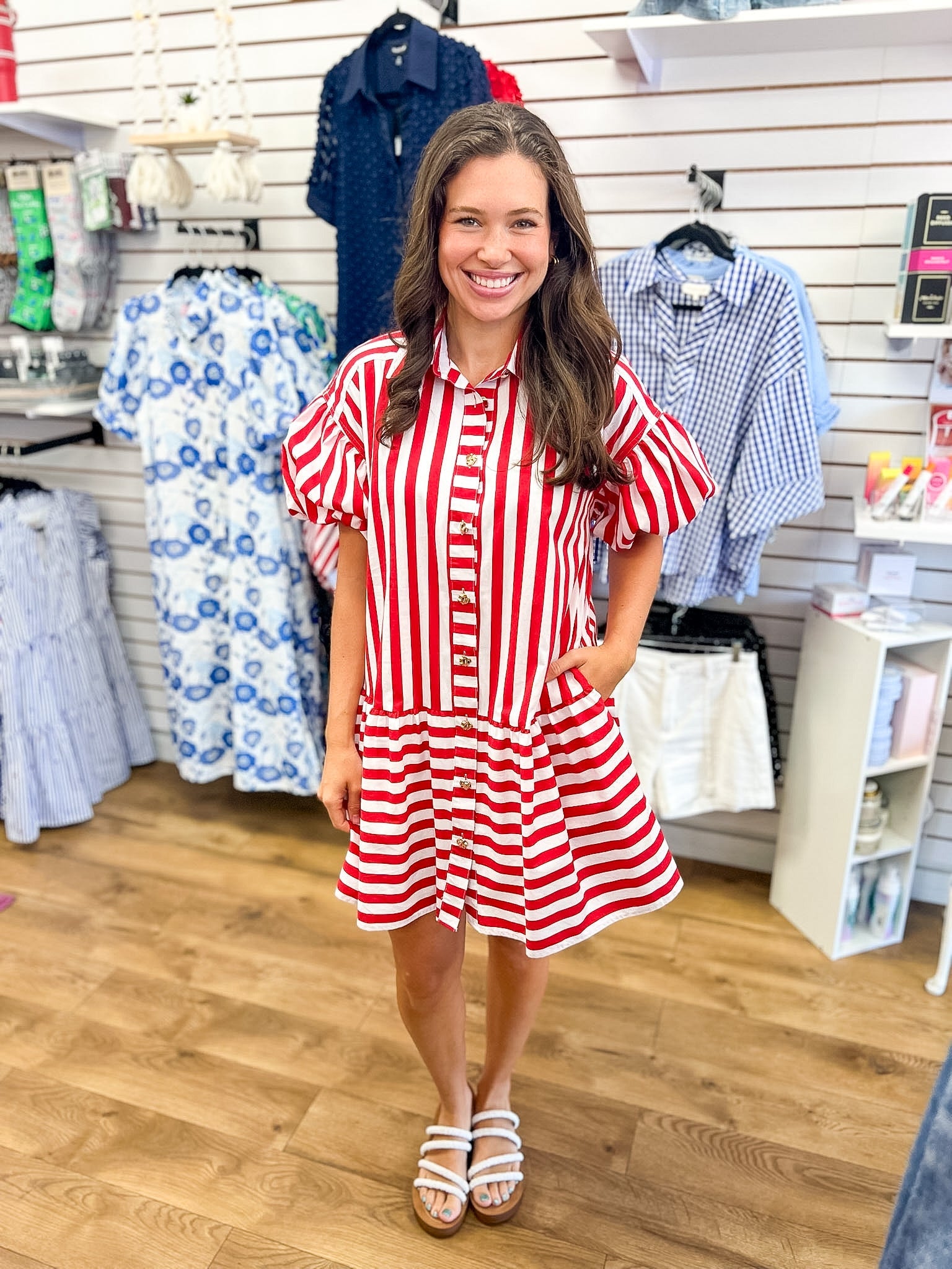 Red Striped Dress with Short Puff Sleeves - A'Bekah's Boutique