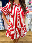 Red Striped Dress with Short Puff Sleeves - A'Bekah's Boutique