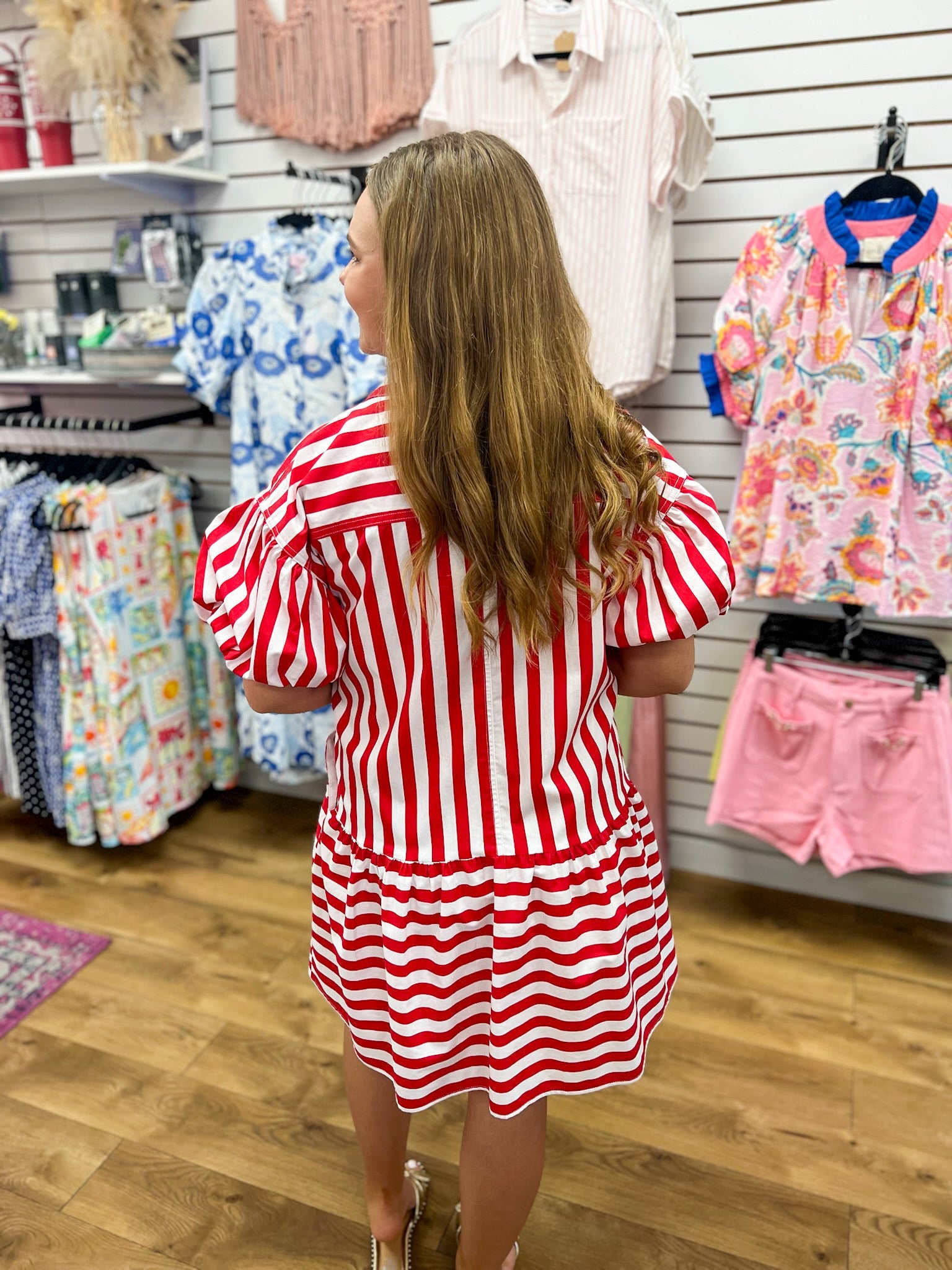 Red Striped Dress with Short Puff Sleeves - A'Bekah's Boutique