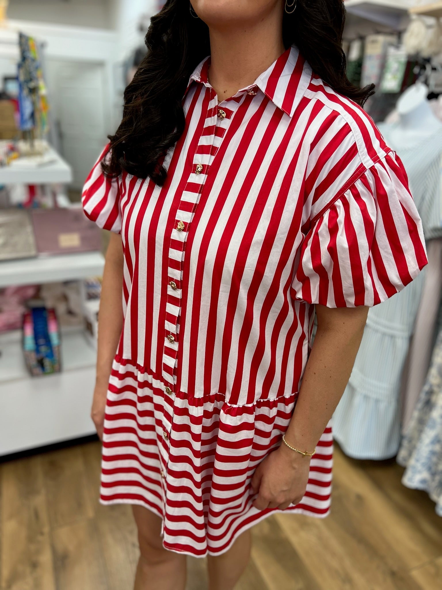 Red Striped Dress with Short Puff Sleeves - A'Bekah's Boutique