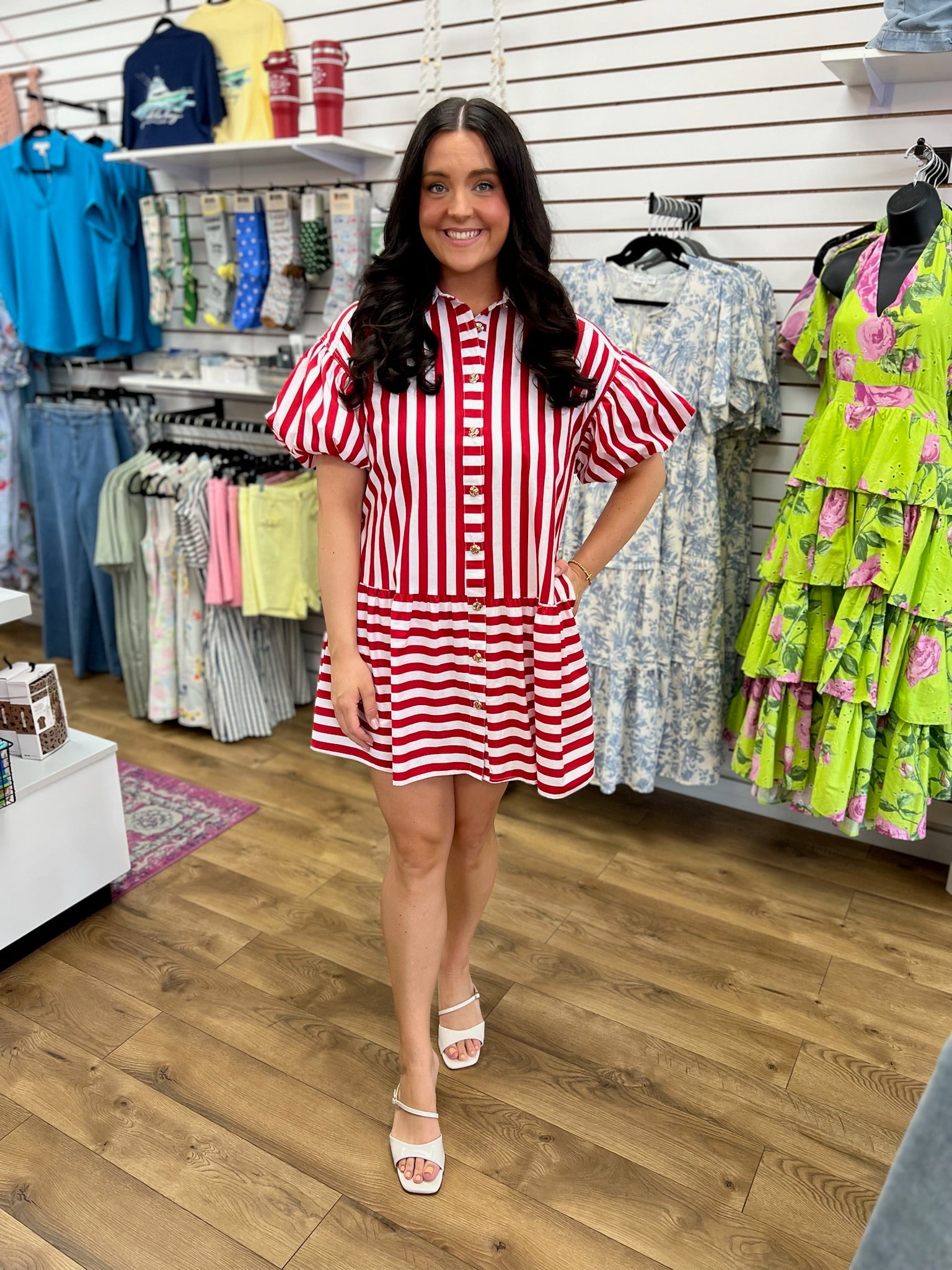 Red Striped Dress with Short Puff Sleeves - A'Bekah's Boutique