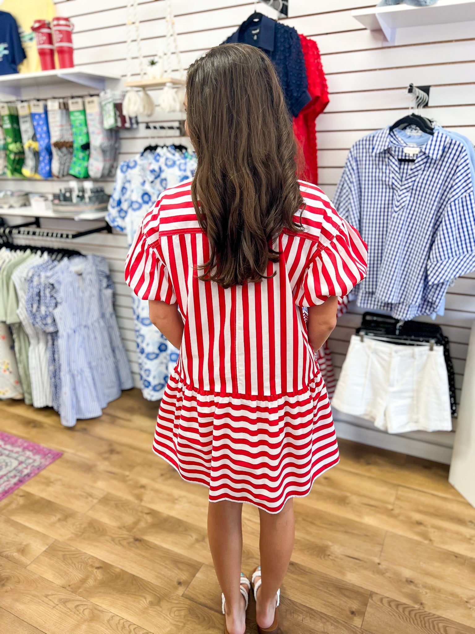 Red Striped Dress with Short Puff Sleeves - A'Bekah's Boutique