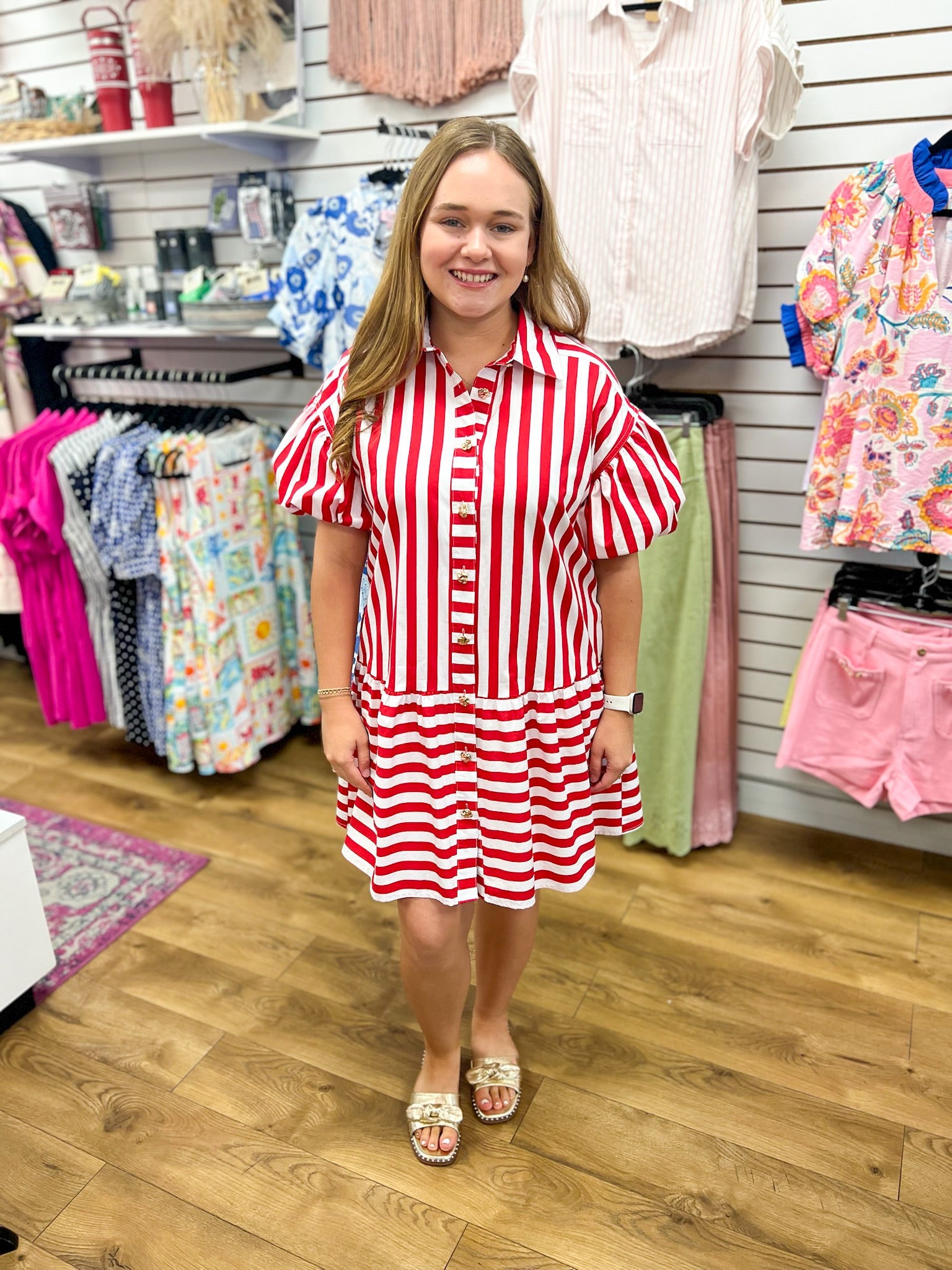 Red Striped Dress with Short Puff Sleeves - A'Bekah's Boutique