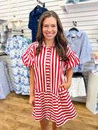 Red Striped Dress with Short Puff Sleeves - A'Bekah's Boutique