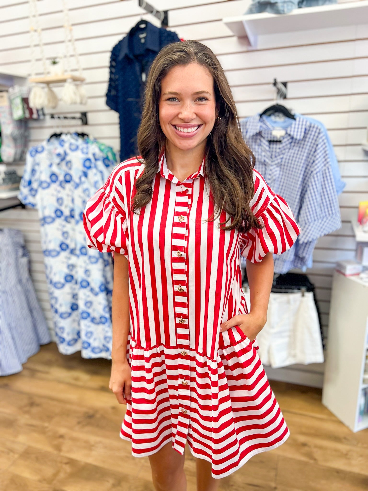 Red Striped Dress with Short Puff Sleeves - A'Bekah's Boutique