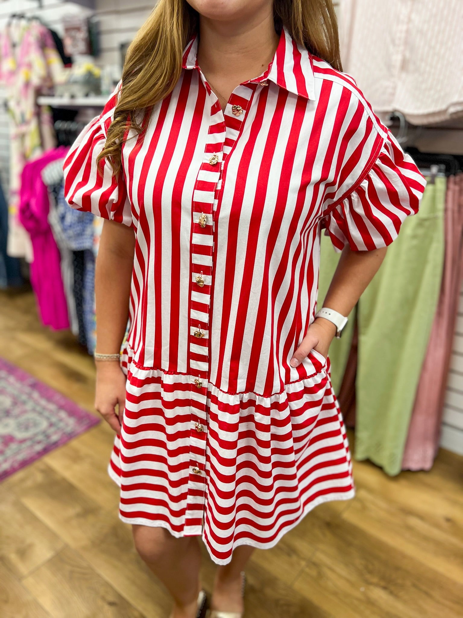 Red Striped Dress with Short Puff Sleeves - A'Bekah's Boutique