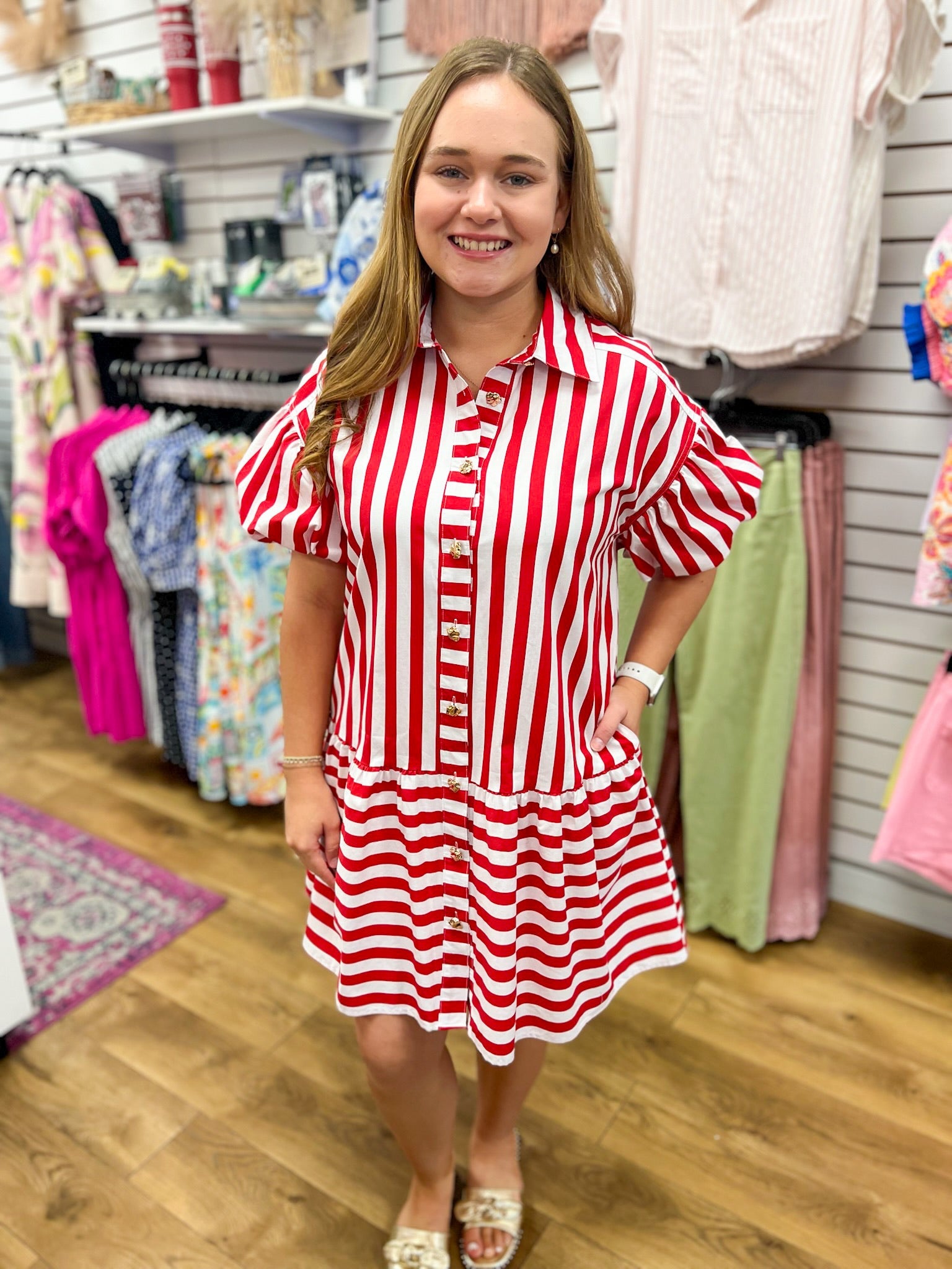Red Striped Dress with Short Puff Sleeves - A'Bekah's Boutique