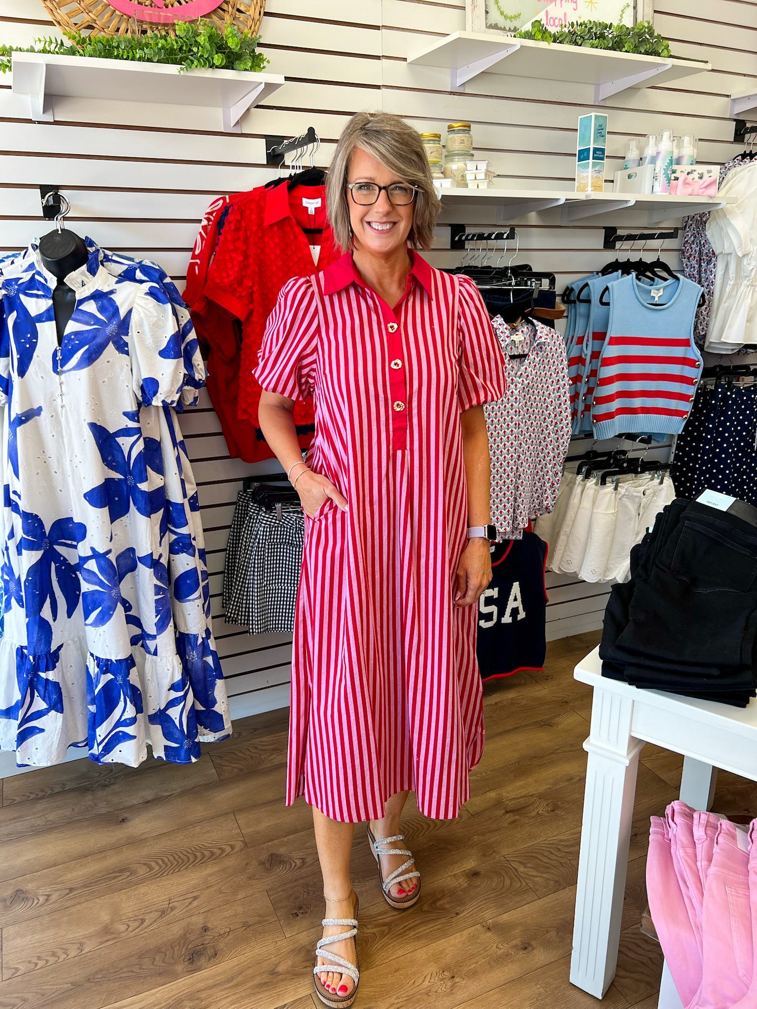 Red Striped Midi Dress with Short Puff Sleeves - A'Bekah's Boutique