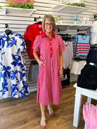 Red Striped Midi Dress with Short Puff Sleeves - A'Bekah's Boutique