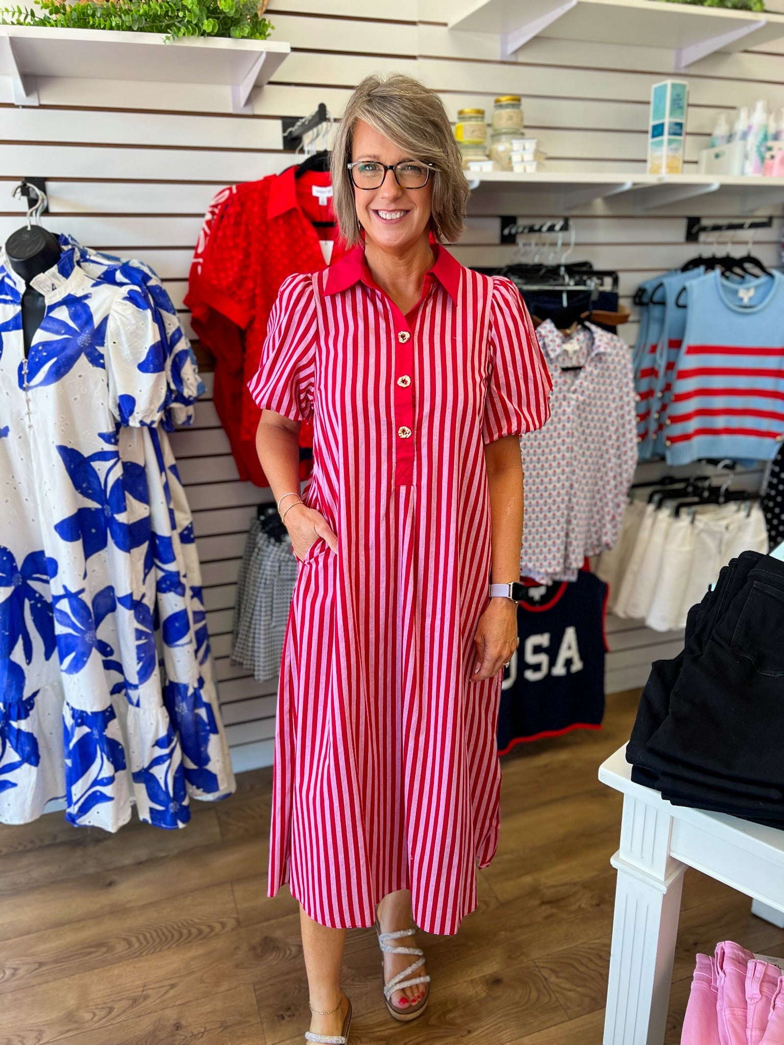Red Striped Midi Dress with Short Puff Sleeves - A'Bekah's Boutique