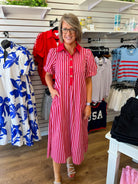 Red Striped Midi Dress with Short Puff Sleeves - A'Bekah's Boutique