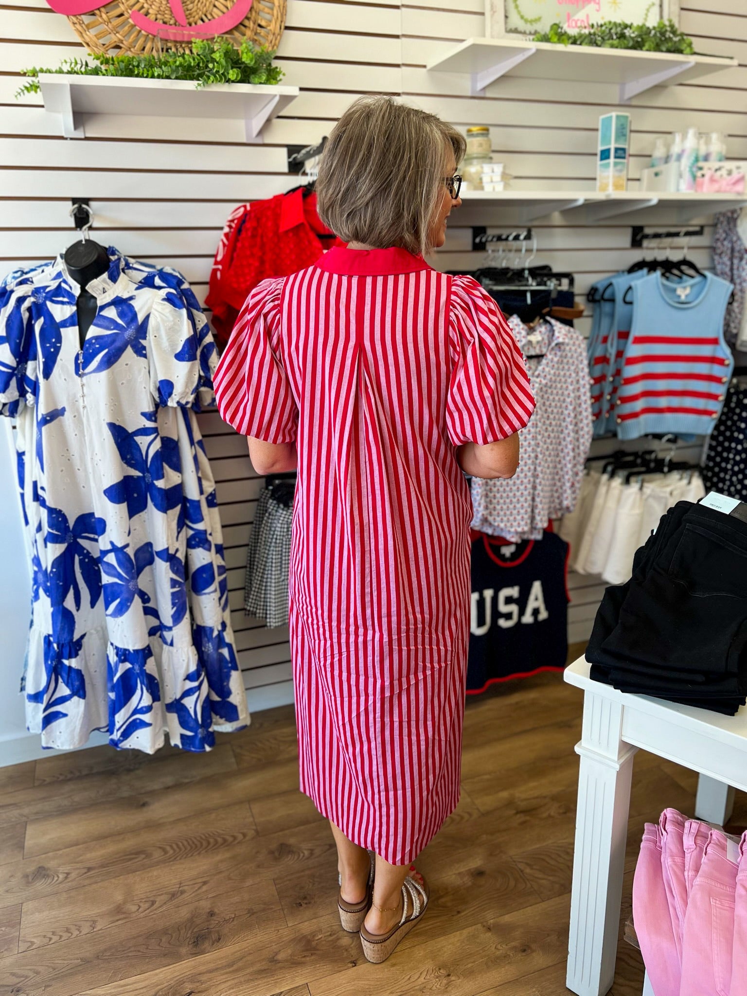 Red Striped Midi Dress with Short Puff Sleeves - A'Bekah's Boutique