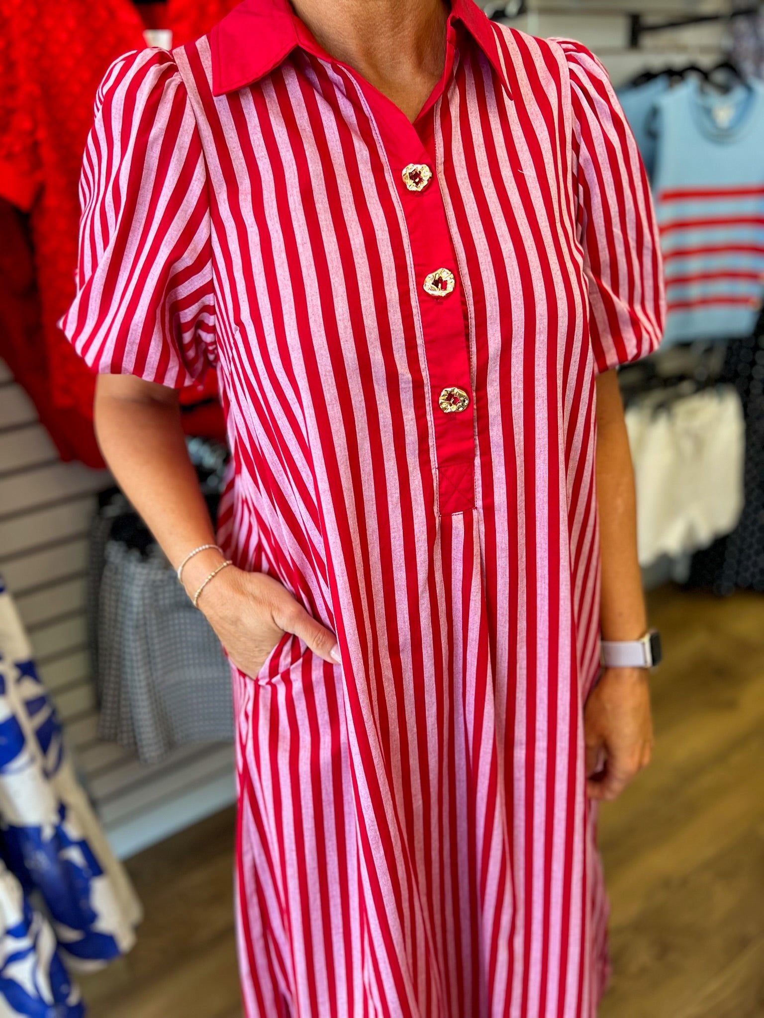 Red Striped Midi Dress with Short Puff Sleeves - A'Bekah's Boutique