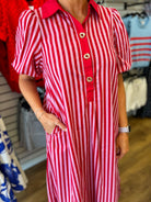 Red Striped Midi Dress with Short Puff Sleeves - A'Bekah's Boutique