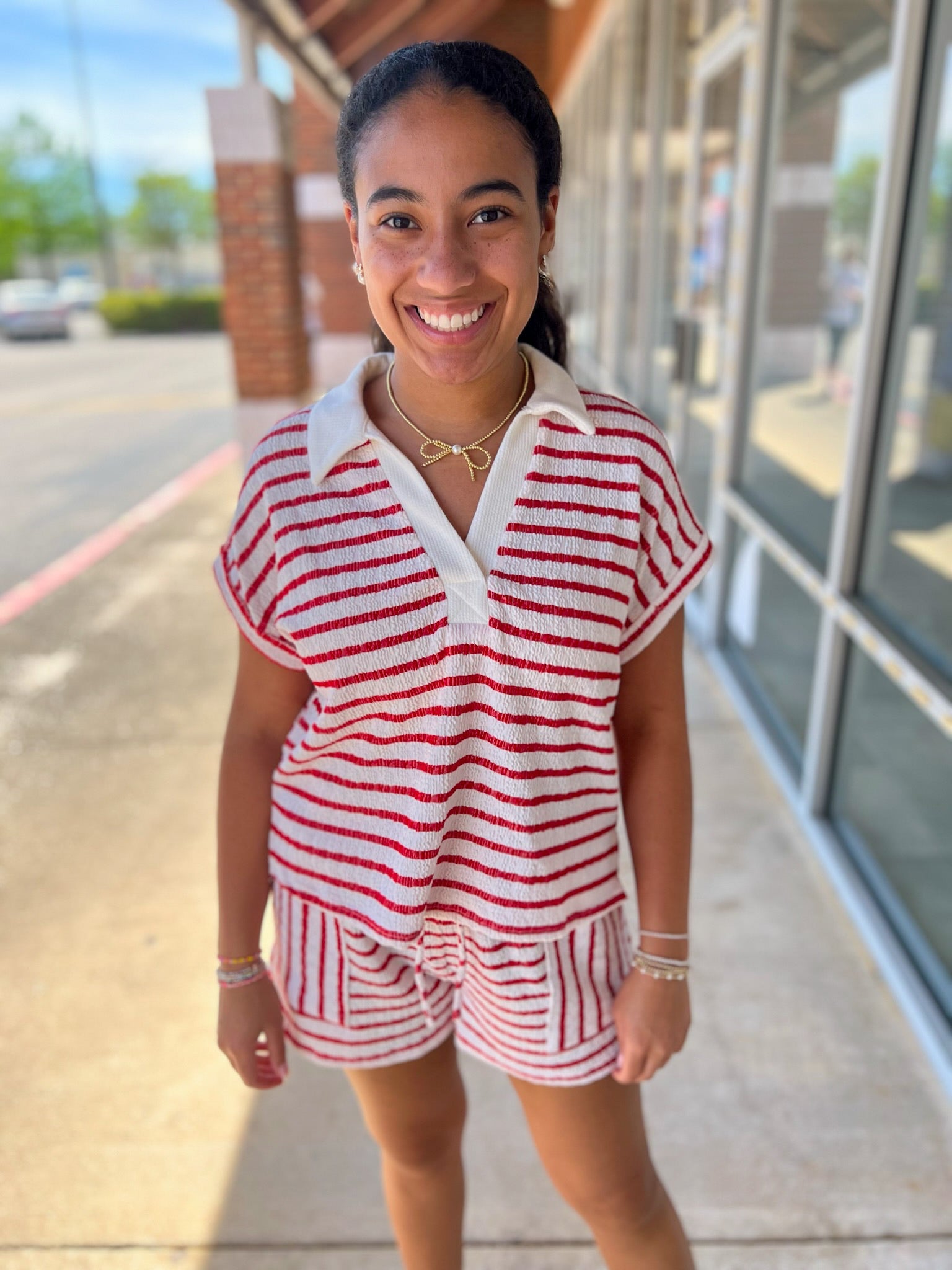 Red Striped Short Sleeve Short Set - A'Bekah's Boutique