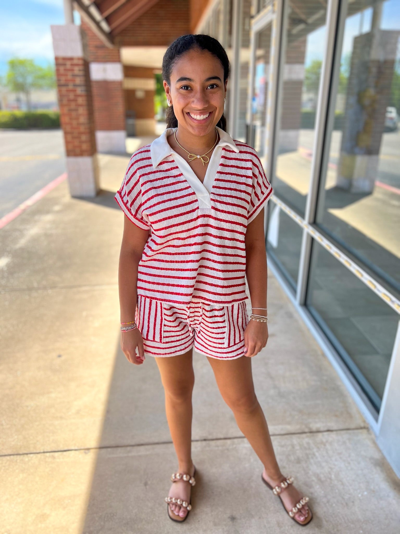 Red Striped Short Sleeve Short Set - A'Bekah's Boutique