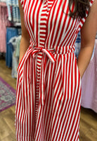 Red Striped Sleeveless Midi Dress with Waist Belt - A'Bekah's Boutique