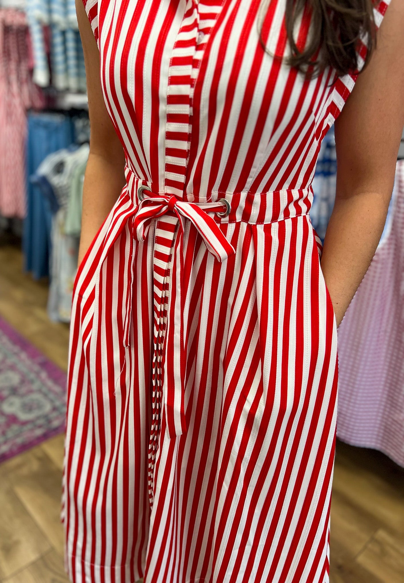 Red Striped Sleeveless Midi Dress with Waist Belt - A'Bekah's Boutique