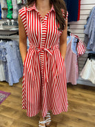 Red Striped Sleeveless Midi Dress with Waist Belt - A'Bekah's Boutique