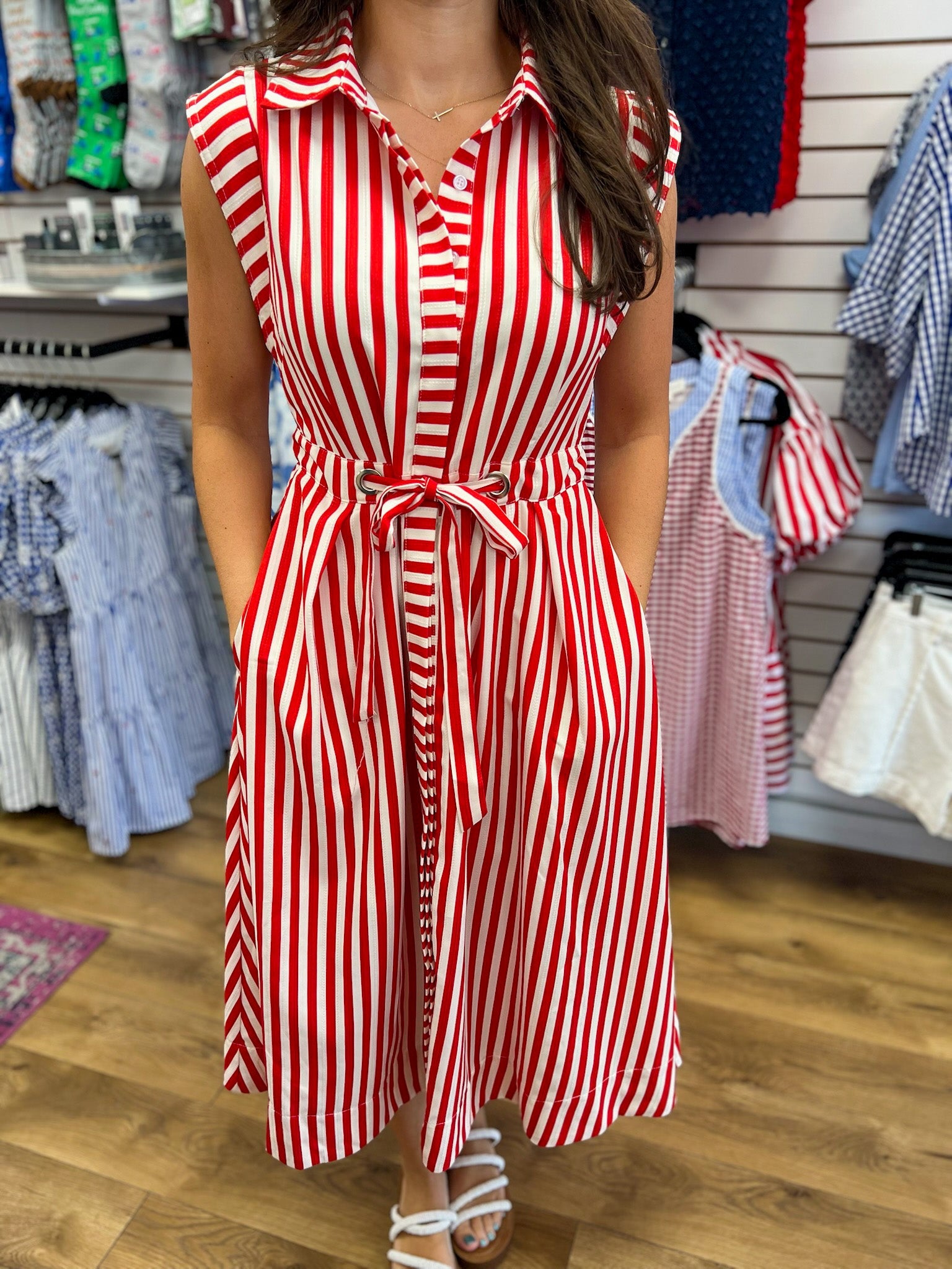 Red Striped Sleeveless Midi Dress with Waist Belt - A'Bekah's Boutique