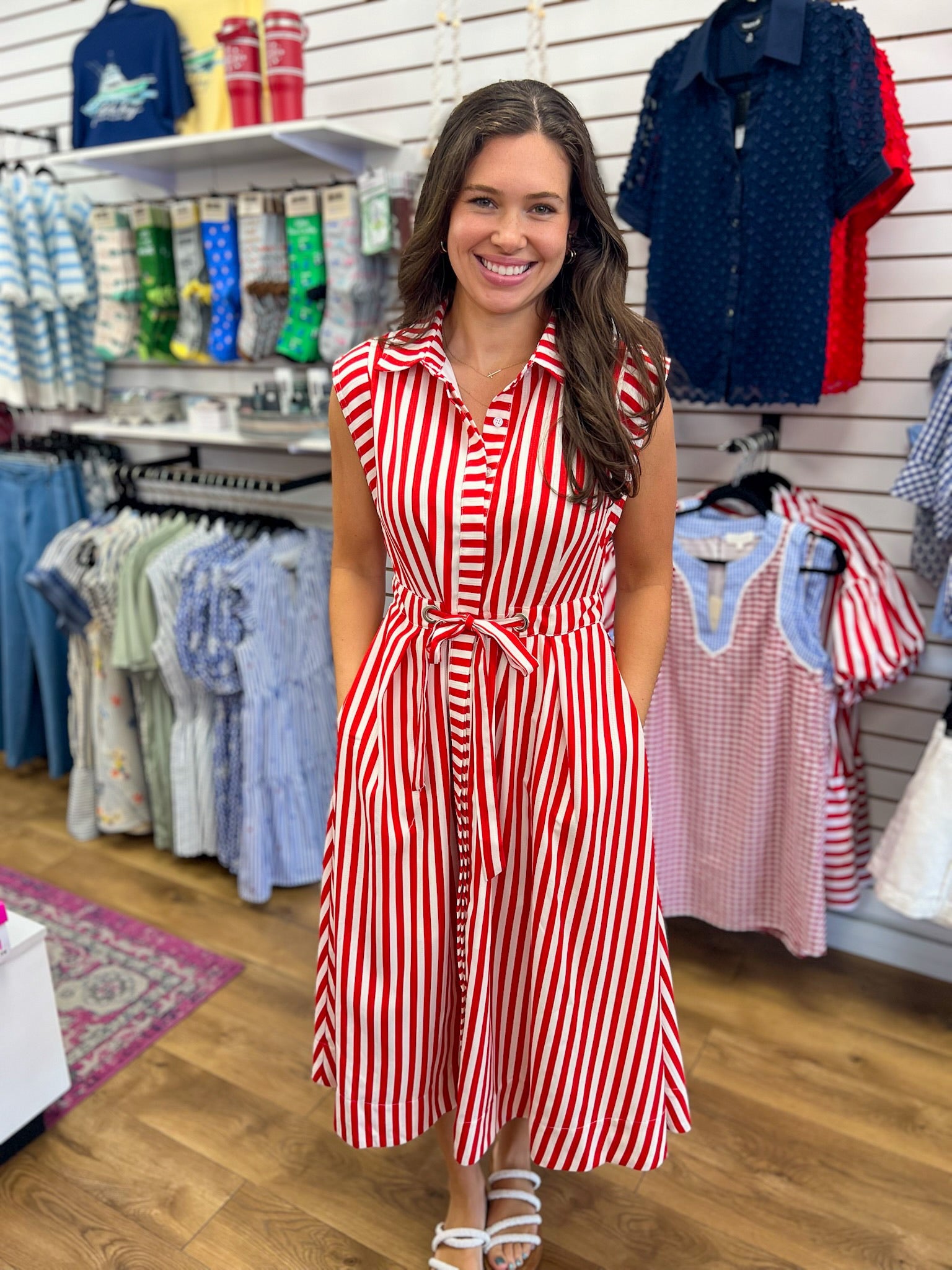Red Striped Sleeveless Midi Dress with Waist Belt - A'Bekah's Boutique