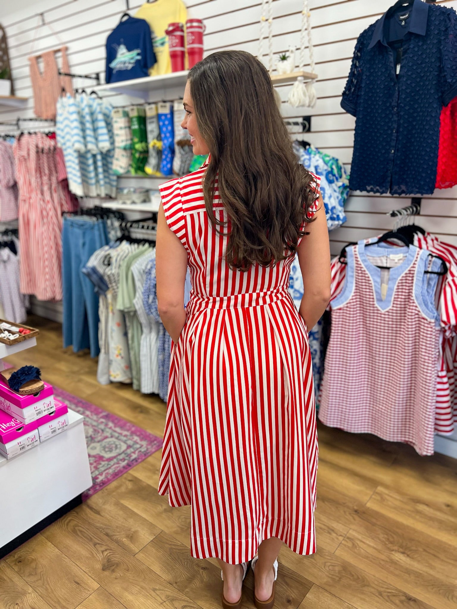 Red Striped Sleeveless Midi Dress with Waist Belt - A'Bekah's Boutique
