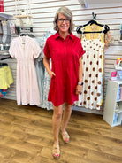 Red Suede Short Sleeve Shirt Dress with Pockets - A'Bekah's Boutique