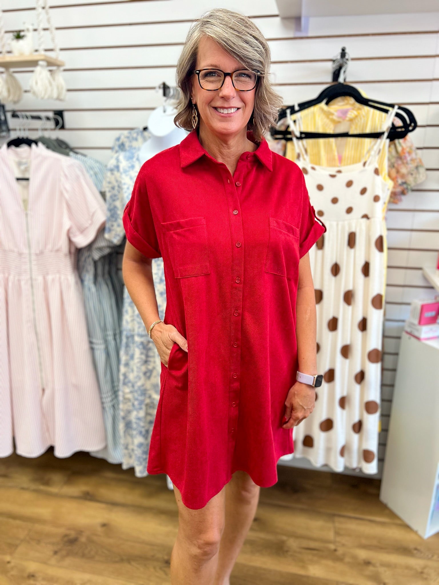 Red Suede Short Sleeve Shirt Dress with Pockets - A'Bekah's Boutique