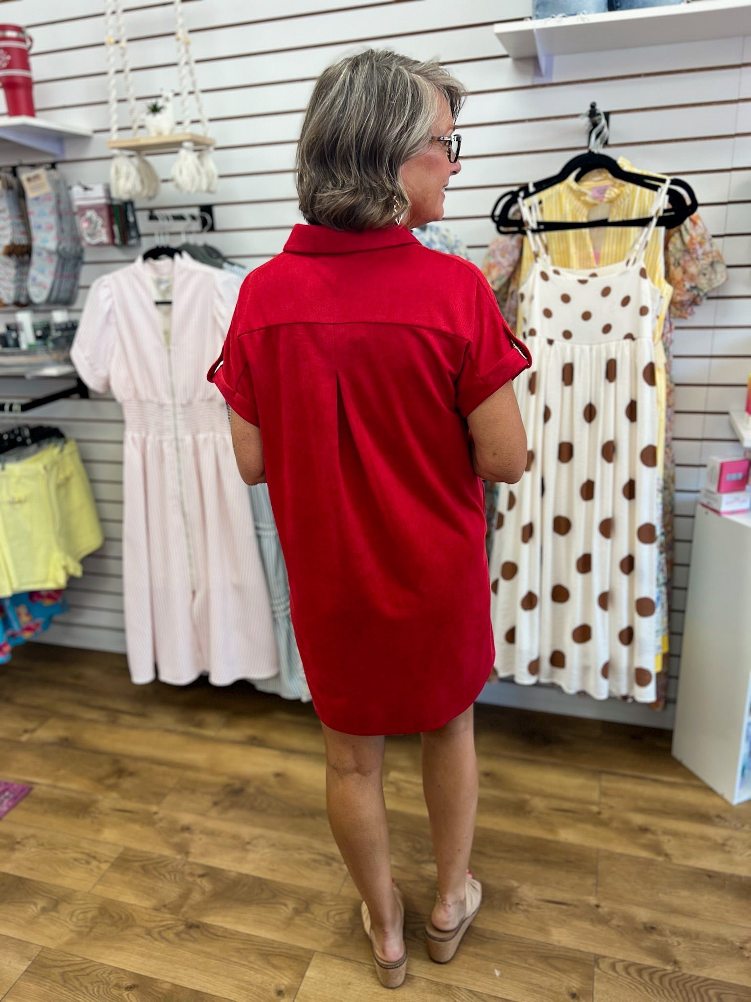 Red Suede Short Sleeve Shirt Dress with Pockets - A'Bekah's Boutique