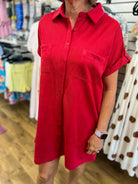 Red Suede Short Sleeve Shirt Dress with Pockets - A'Bekah's Boutique
