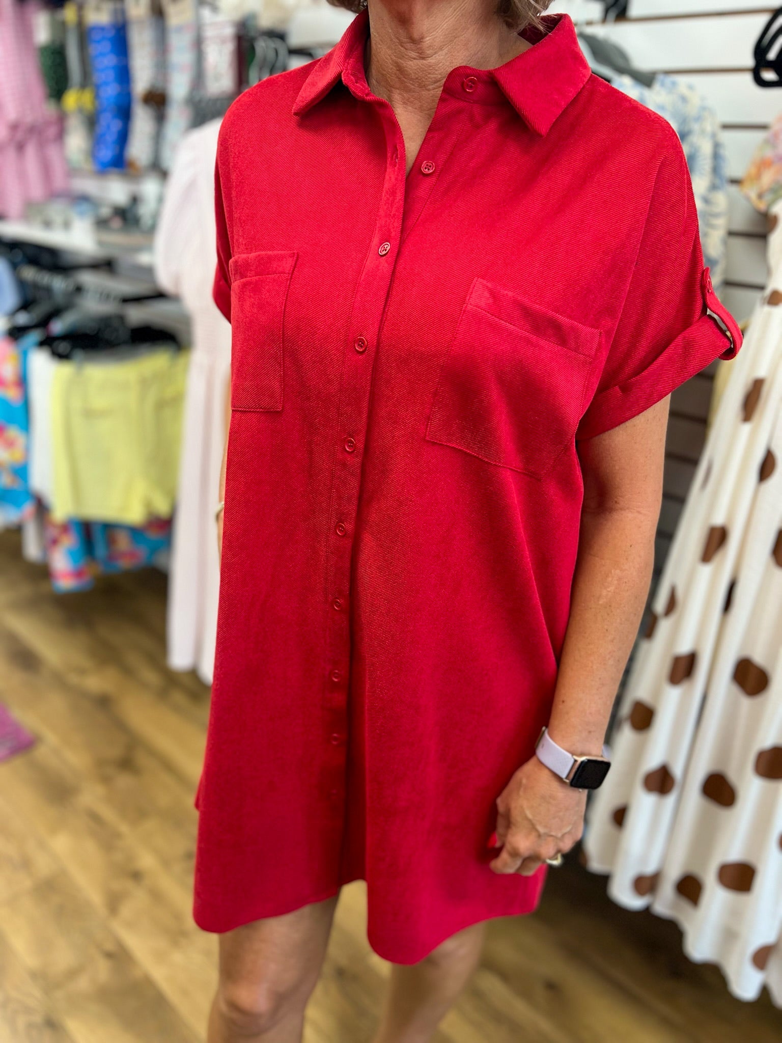 Red Suede Short Sleeve Shirt Dress with Pockets - A'Bekah's Boutique