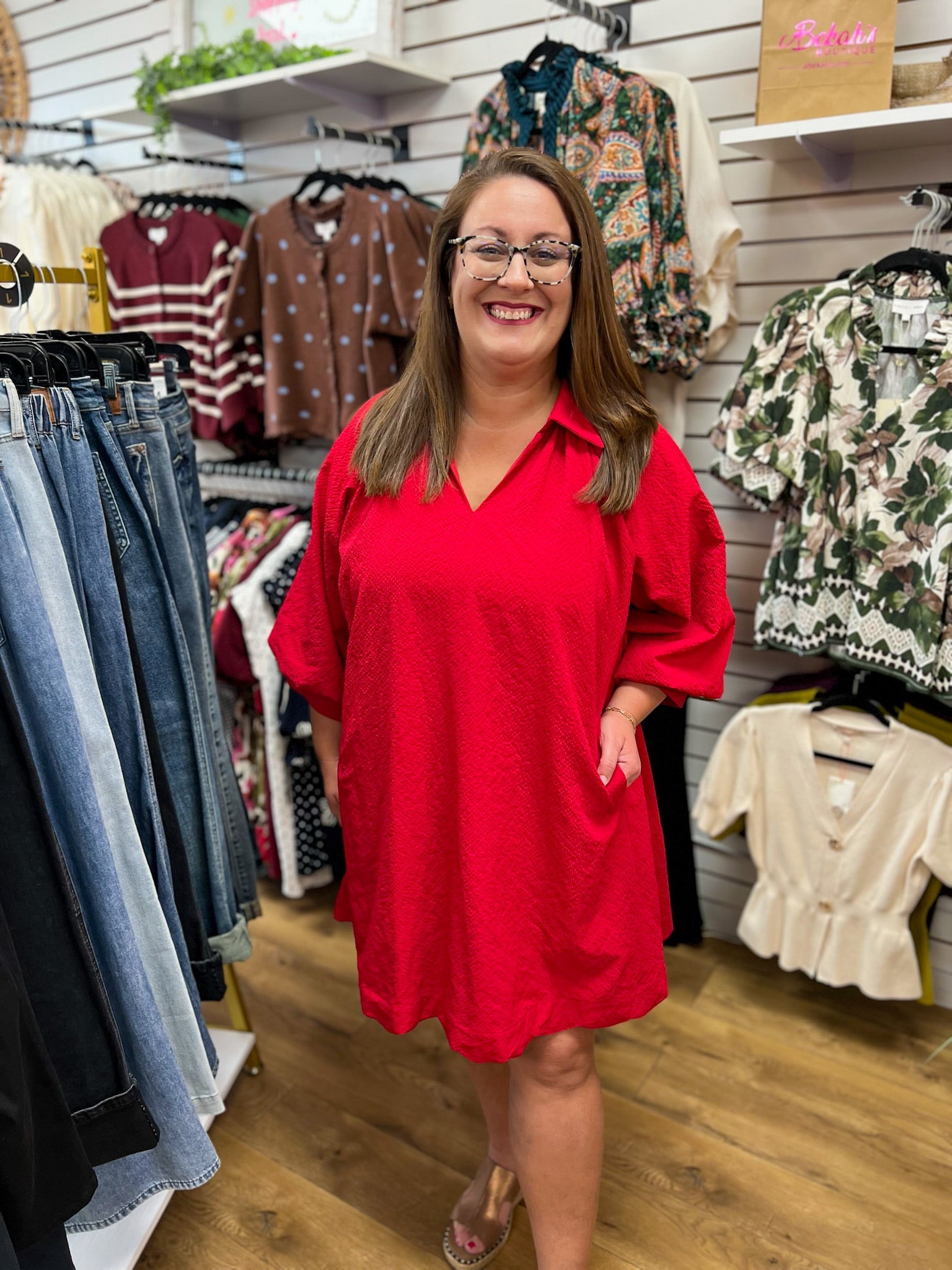Red V-Neck 3/4 Bubble Sleeve Dress with Scalloped Hem - A'Bekah's Boutique