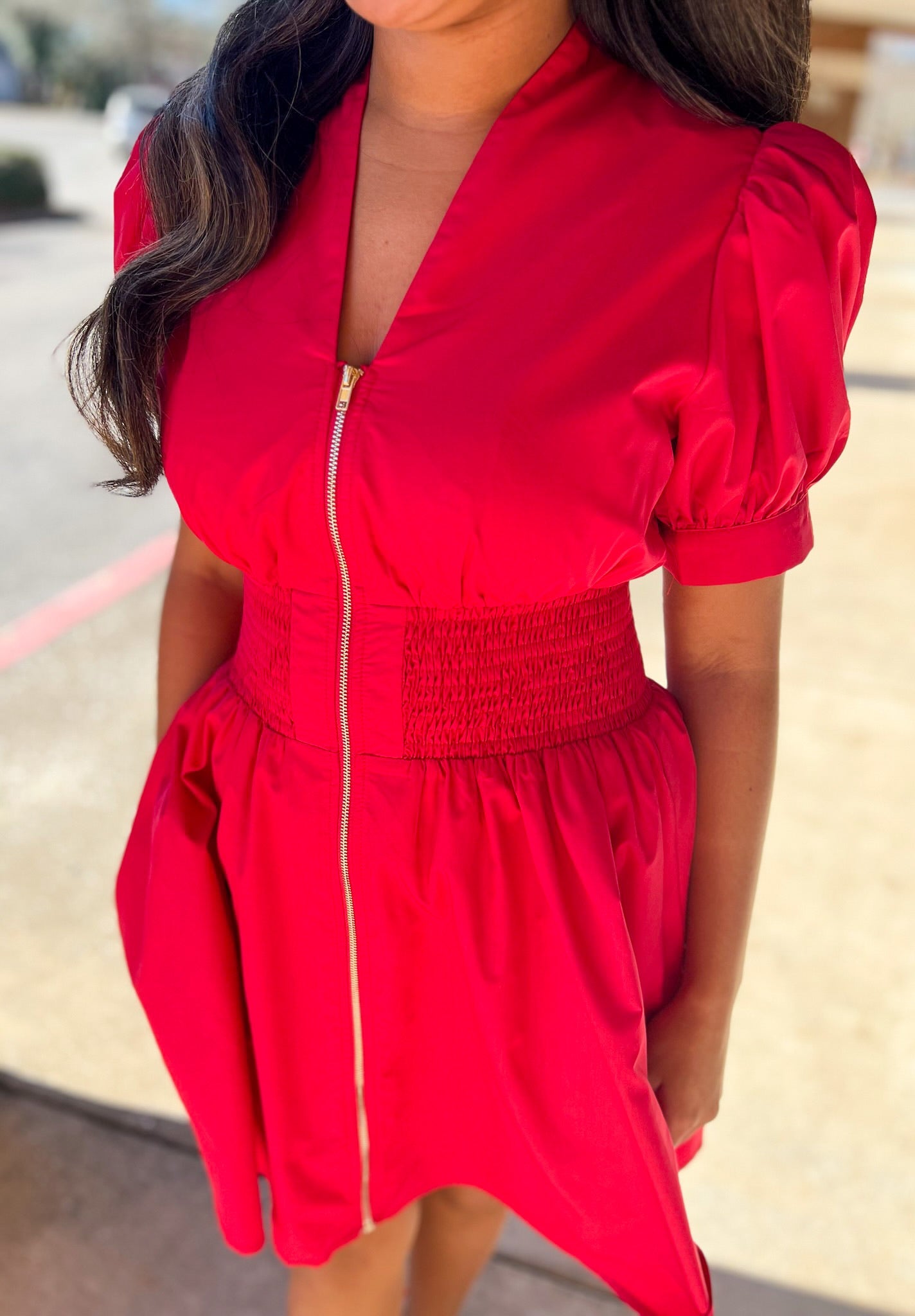 Red Zip Front V - Neck Dress with Smocked Waist - A'Bekah's Boutique