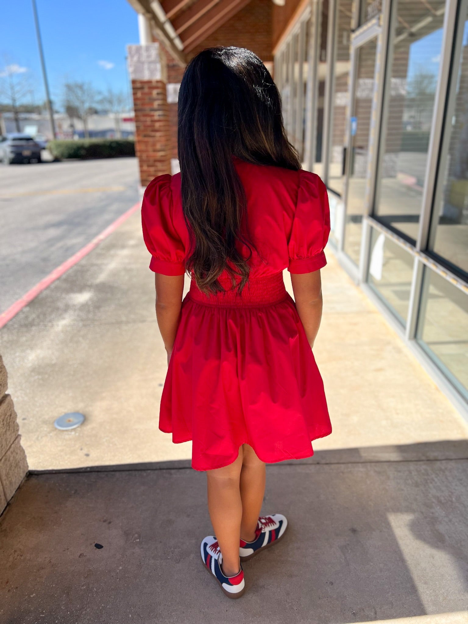 Red Zip Front V - Neck Dress with Smocked Waist - A'Bekah's Boutique