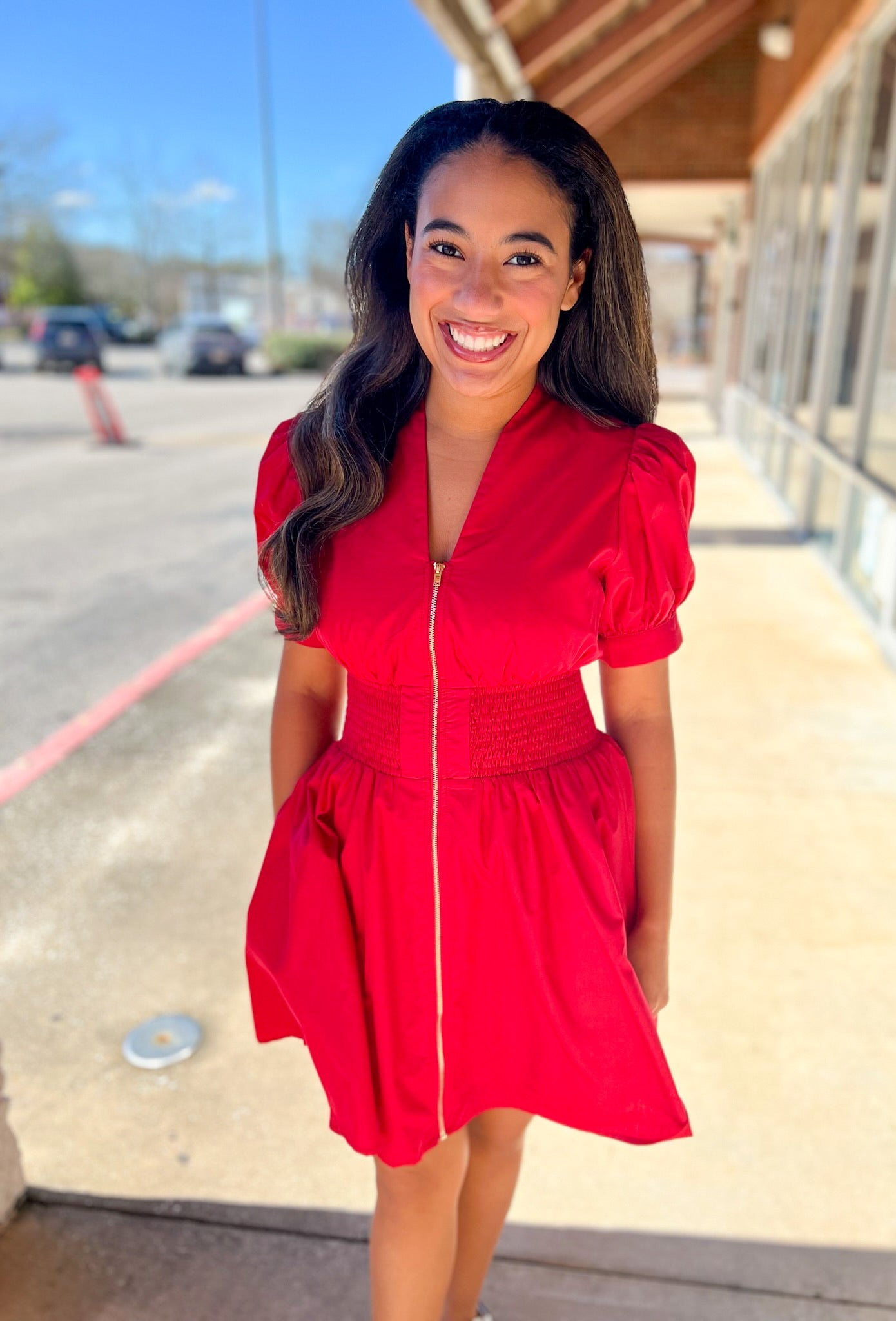 Red Zip Front V - Neck Dress with Smocked Waist - A'Bekah's Boutique