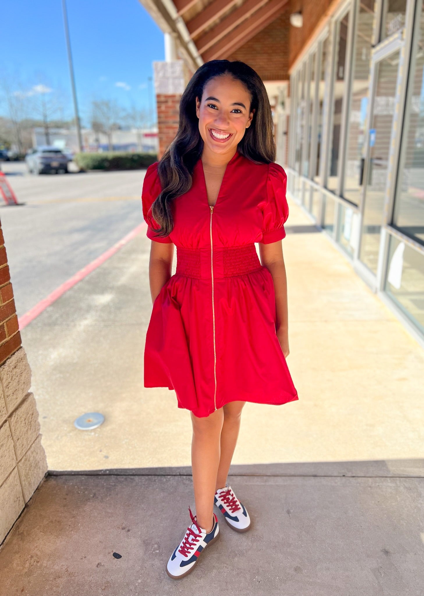 Red Zip Front V - Neck Dress with Smocked Waist - A'Bekah's Boutique