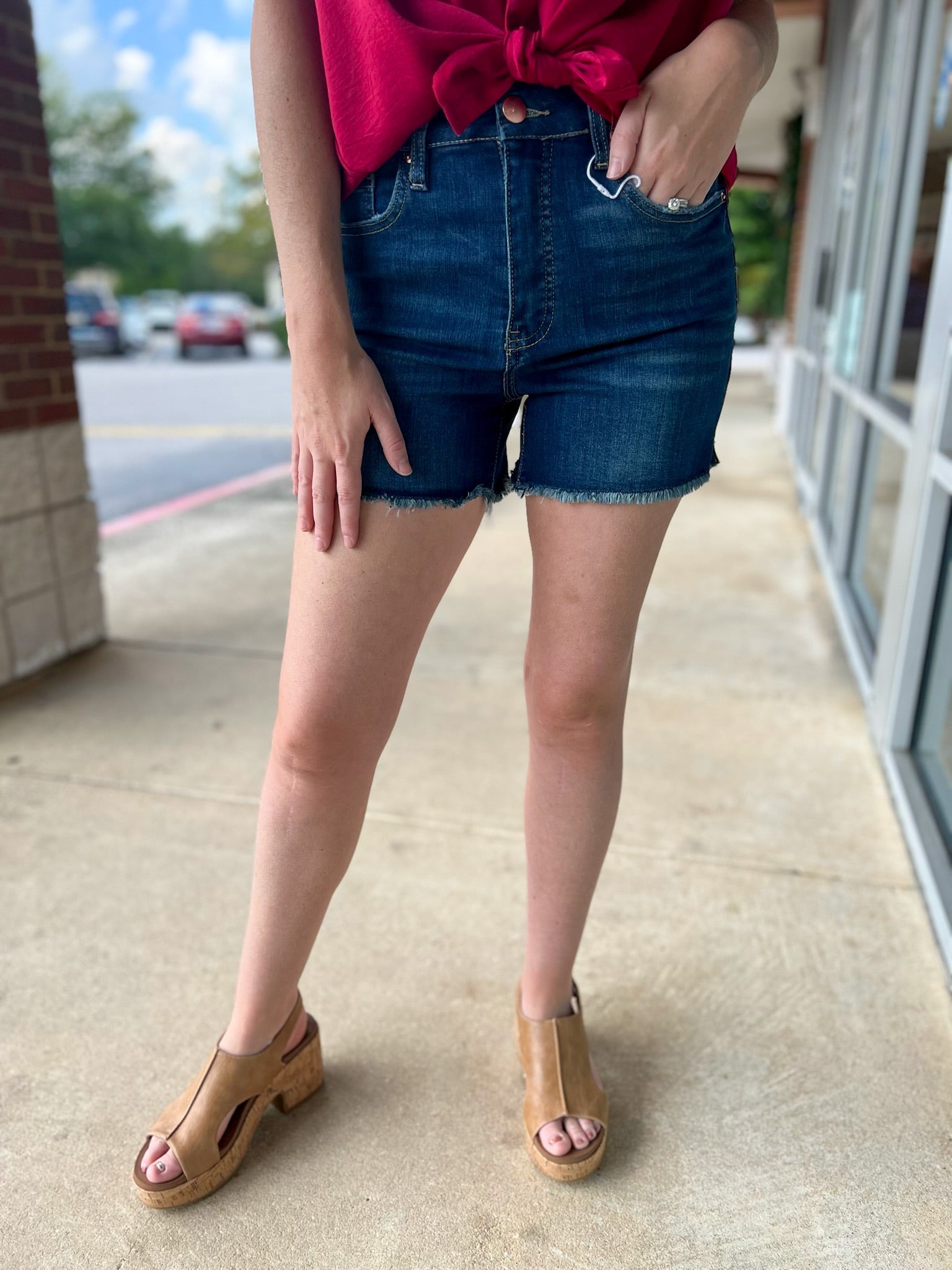 RFM Dark Wash Denim Shorts with Side Slits and Tummy Control - A'Bekah's Boutique