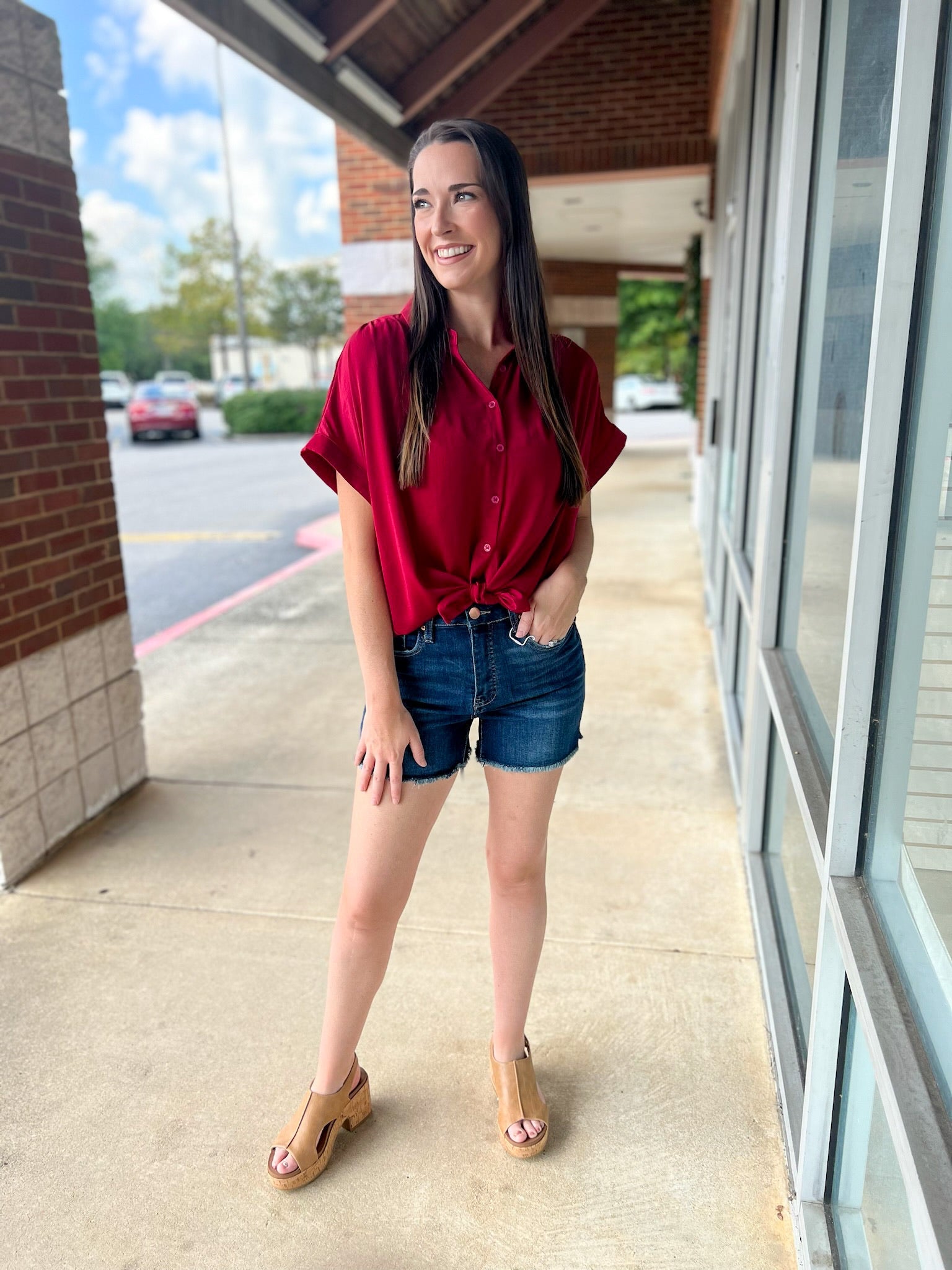 RFM Dark Wash Denim Shorts with Side Slits and Tummy Control - A'Bekah's Boutique