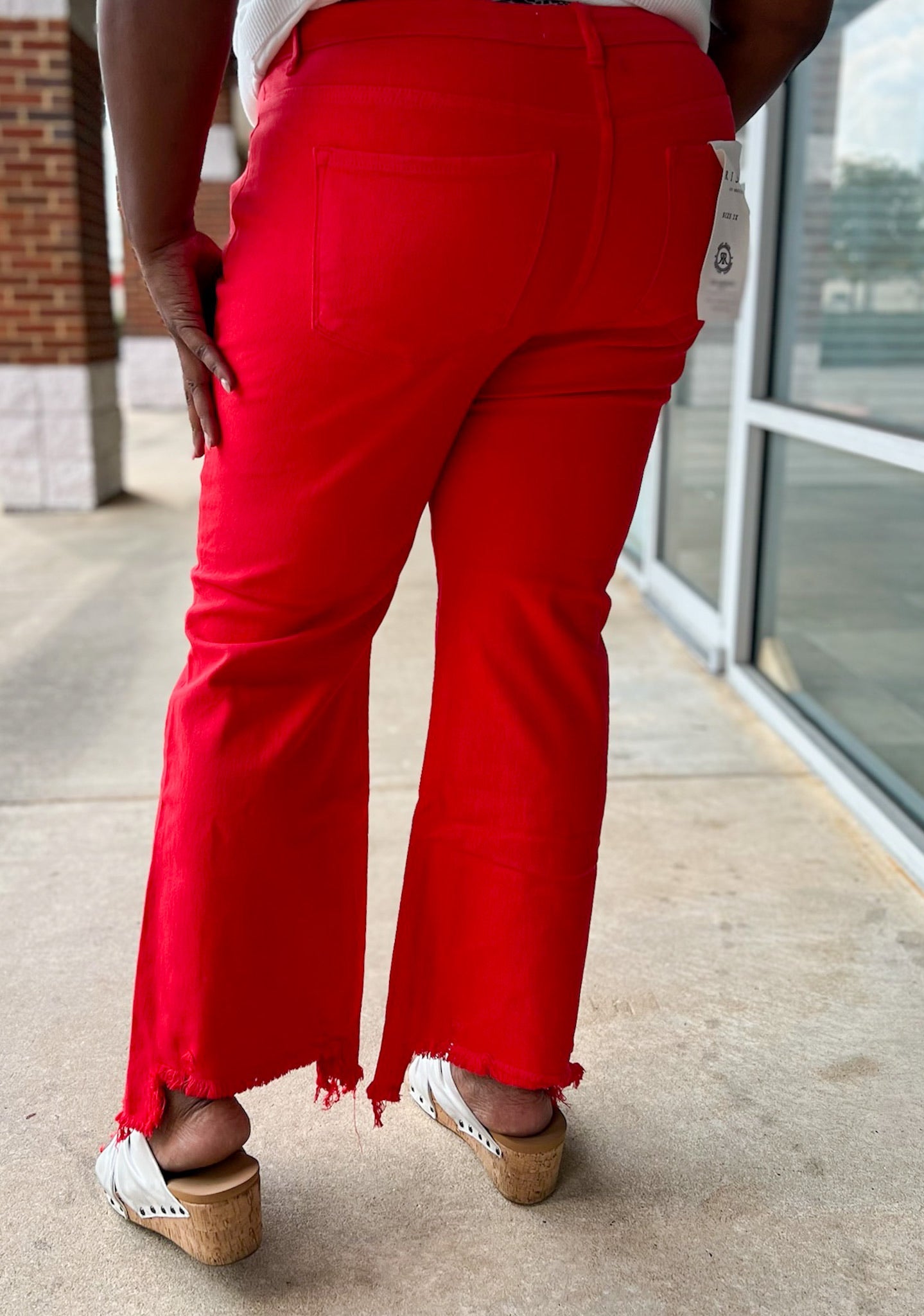 Risen Fiesta Curvy Red Mid Rise Cropped Flare Jeans with Raw Hem - A'Bekah's Boutique