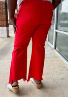 Risen Fiesta Curvy Red Mid Rise Cropped Flare Jeans with Raw Hem - A'Bekah's Boutique