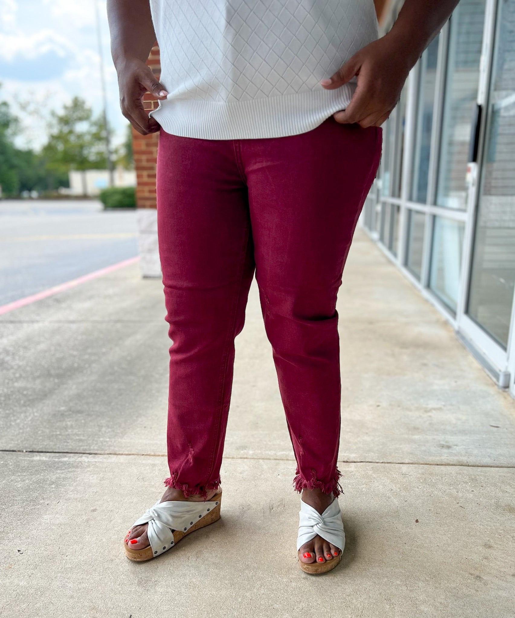 Risen Wine Curvy High Rise Raw Hem Skinny Jeans - A'Bekah's Boutique