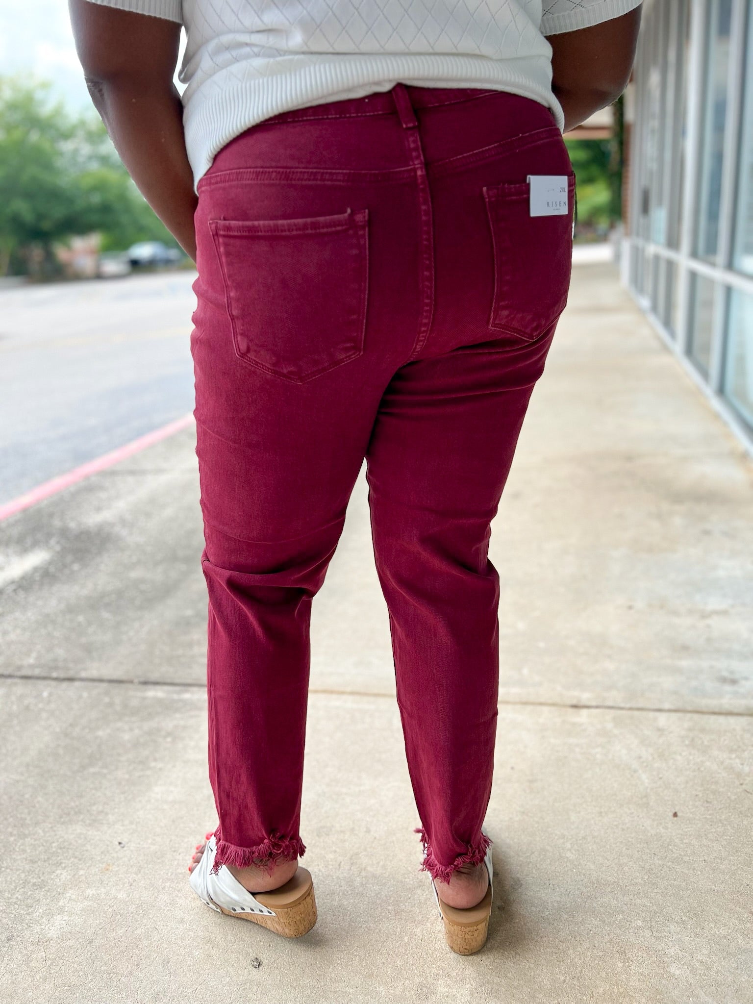 Risen Wine Curvy High Rise Raw Hem Skinny Jeans - A'Bekah's Boutique