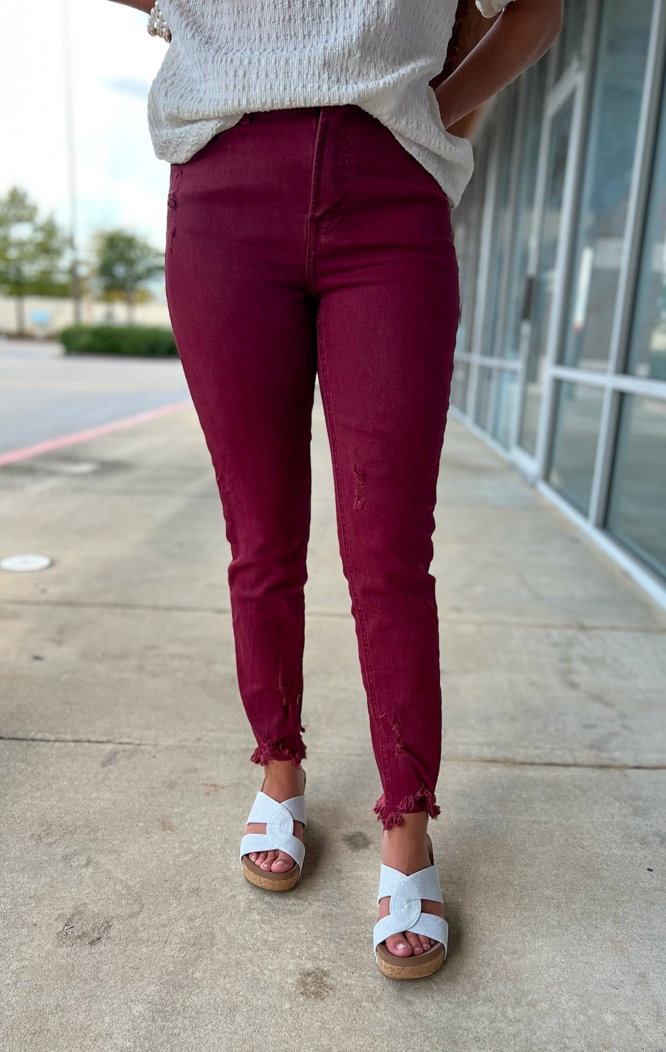 Risen Wine High Rise Frayed Hem Skinny Jeans (R) - A'Bekah's Boutique