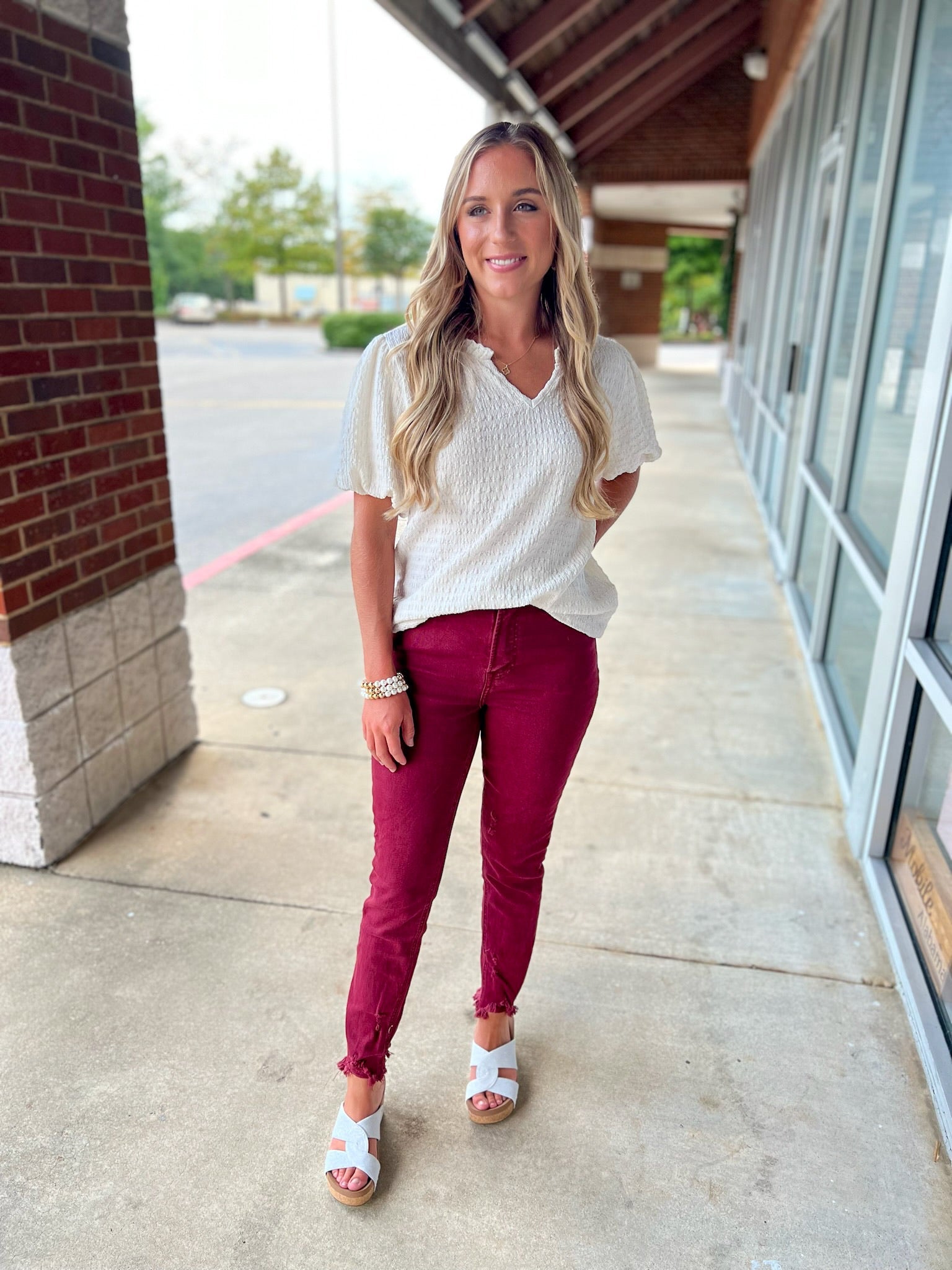 Risen Wine High Rise Frayed Hem Skinny Jeans (R) - A'Bekah's Boutique