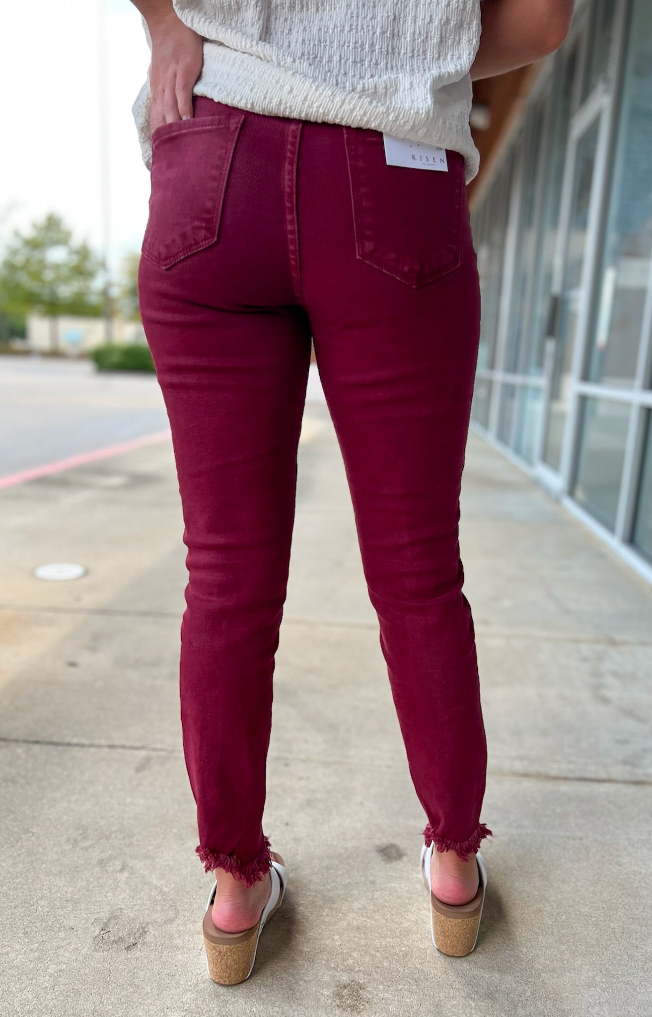 Risen Wine High Rise Frayed Hem Skinny Jeans (R) - A'Bekah's Boutique