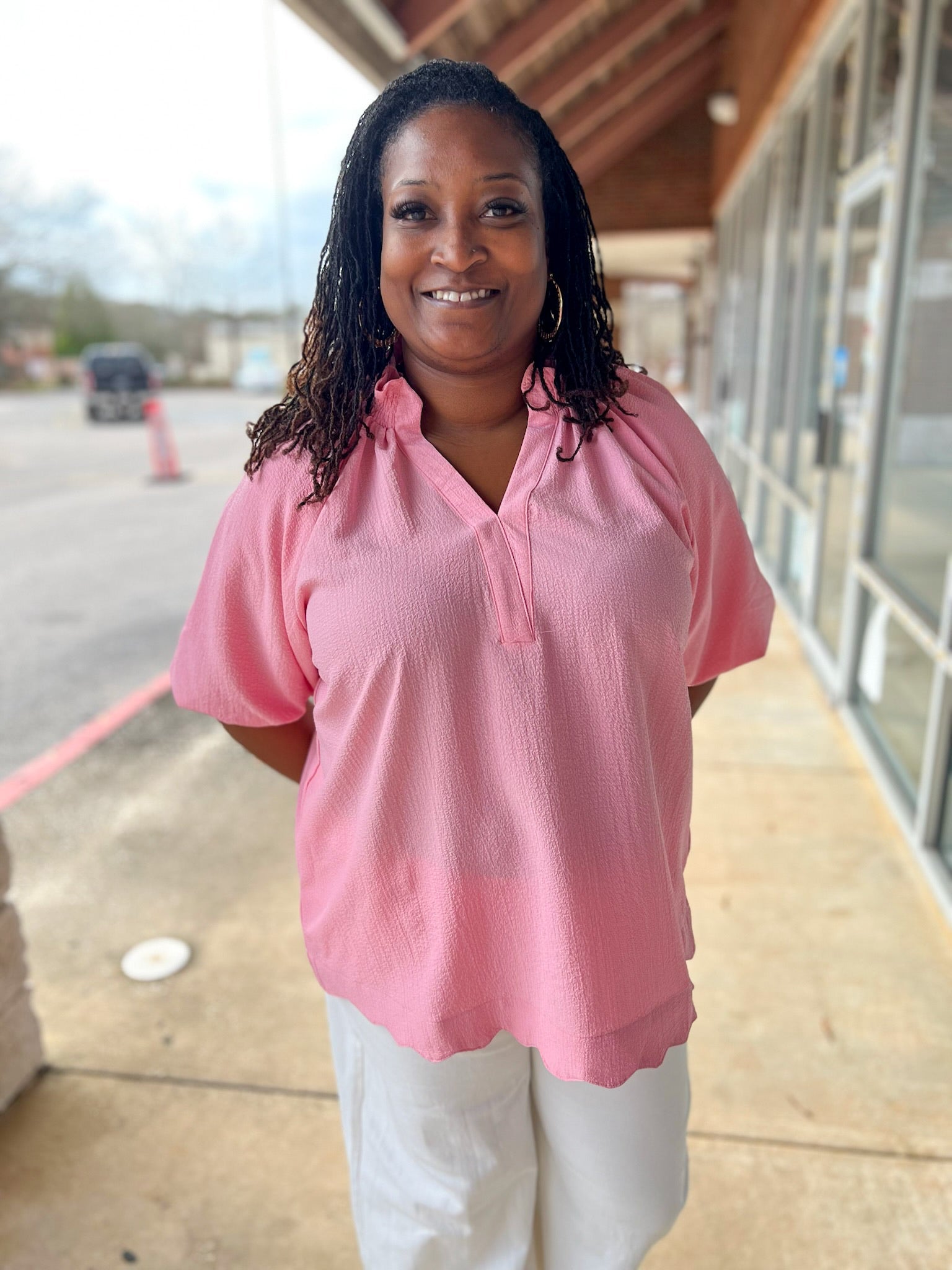 Rose Pink Split V - Neck Short Puff Sleeve Top (C) - A'Bekah's Boutique
