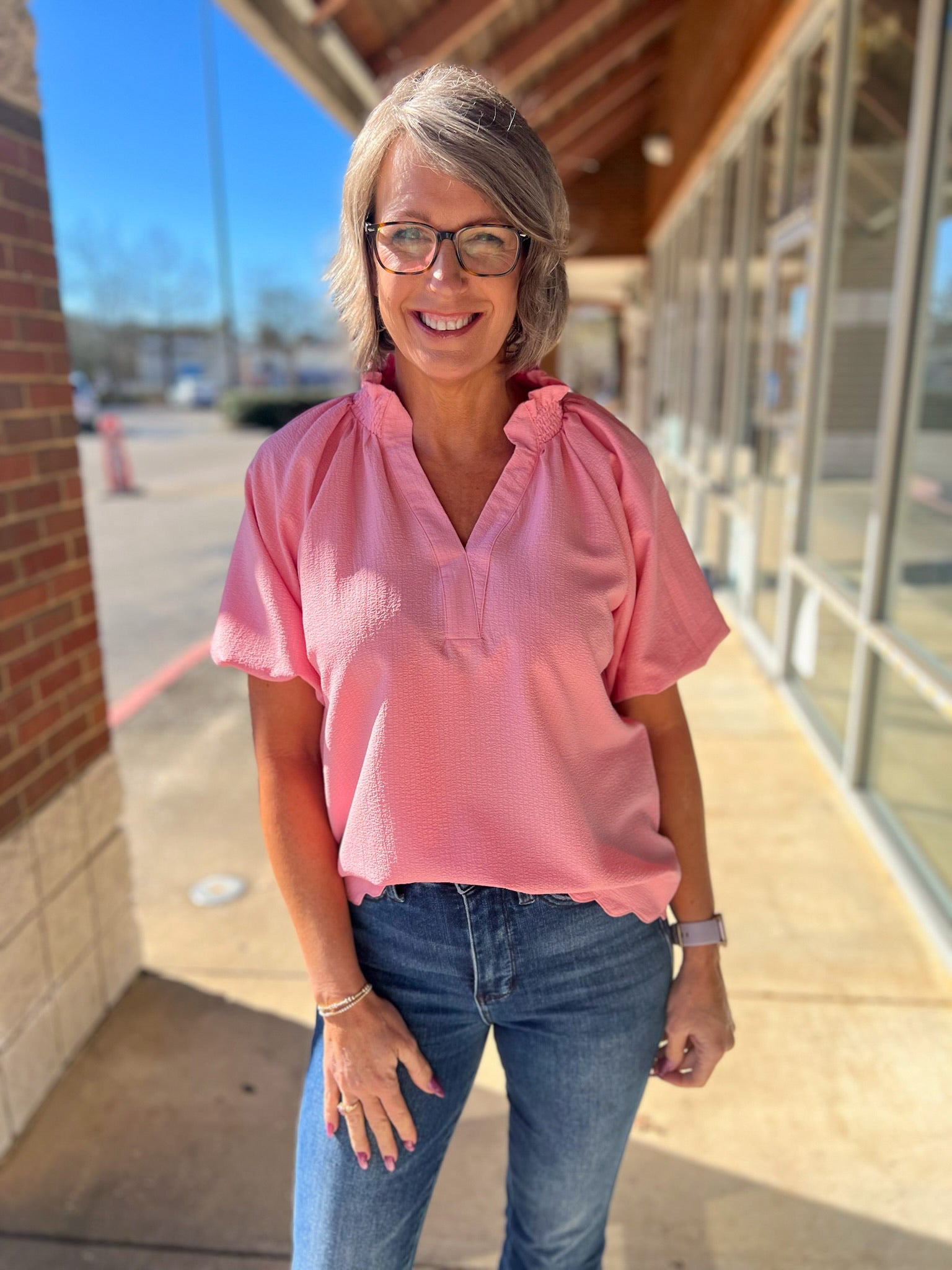 Rose Split V - Neck Short Puff Sleeve Top - A'Bekah's Boutique