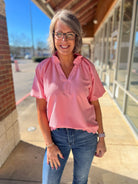 Rose Split V - Neck Short Puff Sleeve Top - A'Bekah's Boutique