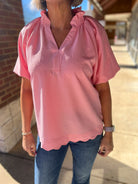 Rose Split V - Neck Short Puff Sleeve Top - A'Bekah's Boutique