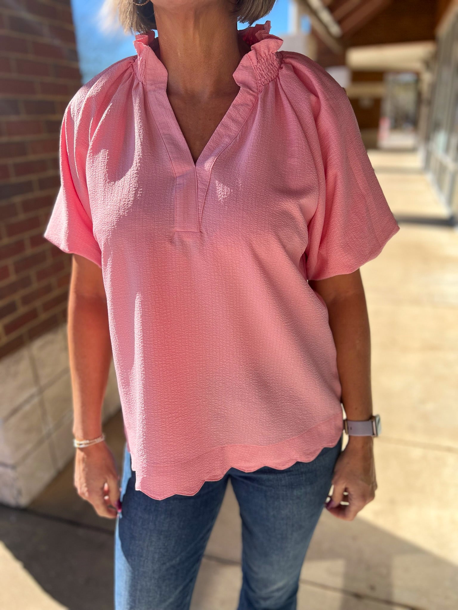 Rose Split V - Neck Short Puff Sleeve Top - A'Bekah's Boutique